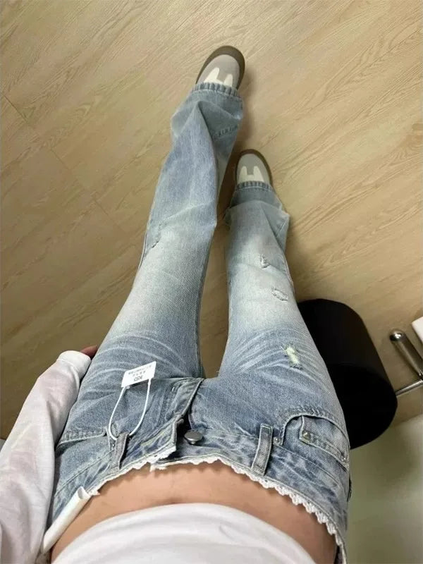 Low Waist Bell Bottom Lace Slimming Denim Jeans Women's Summer Fashionable Casual Straight Leg Blue Jeans High Waist