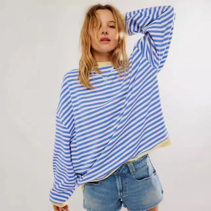 Women's Fall/Winter New Striped Round Neck Loose Casual Long Sleeve Sweatshirt Streetwear Harajuku Style Sweatshirt Jacket