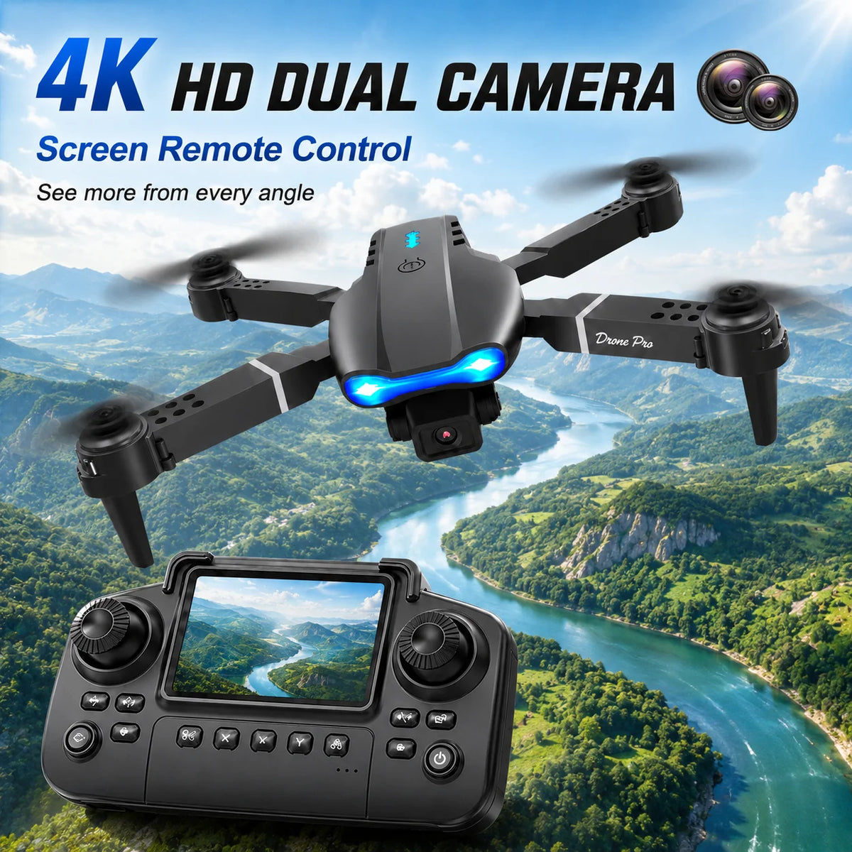 ZNLYRION RC Drone with Screen Remote Control 4K Dual Camera Optical Flow Positioning Obstacle Avoidance Foldable FPV WIFI APP Control One Key Return 360Â° Flip Quadcopter Toy for Beginners