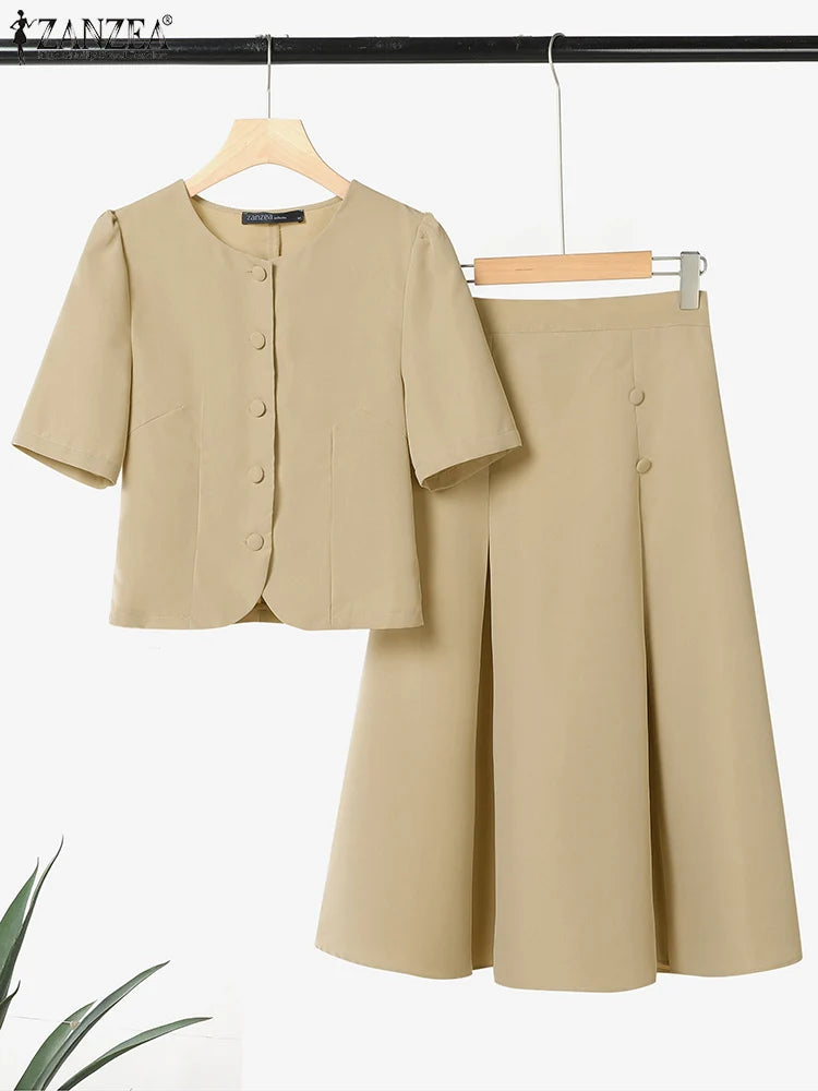 Pleated Skirts Sets Women Short Sleeve Shirts With Skirts Fashion Outfits 2025 ZANZEA Casual Korean Japanese Style Matching Sets