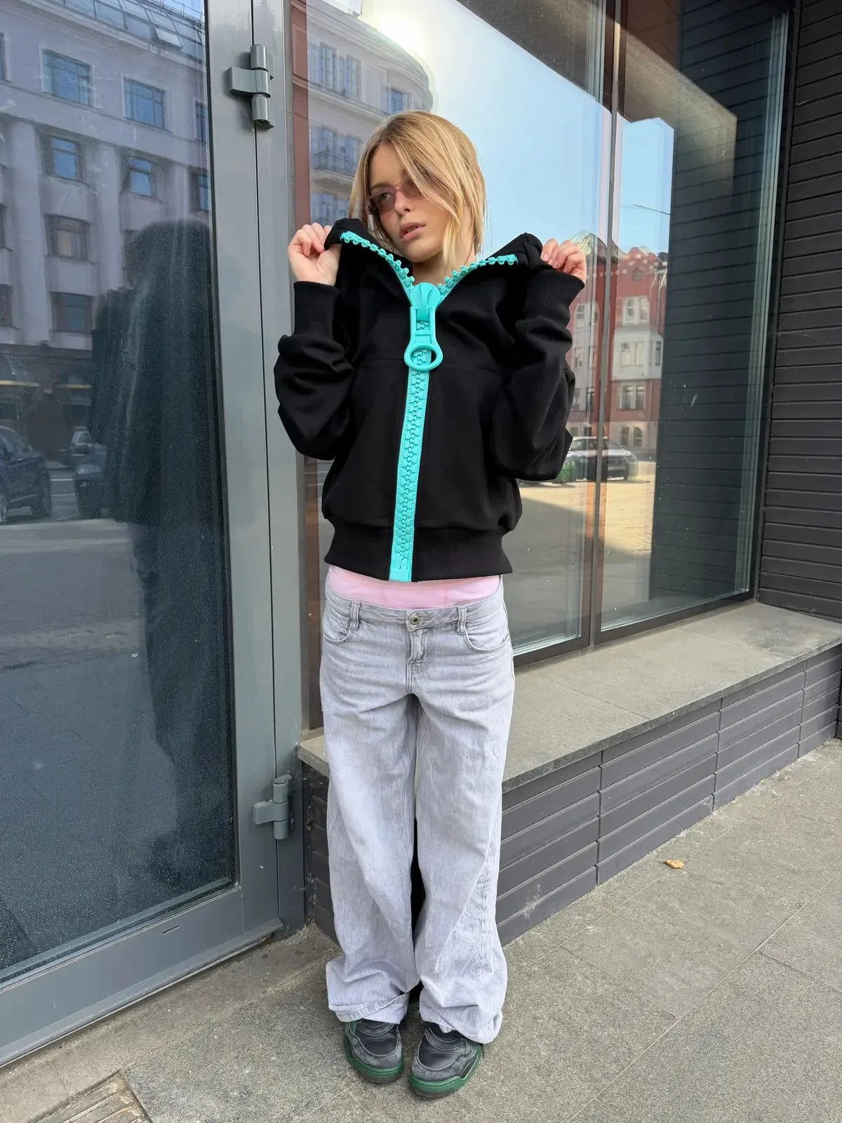 Y2K Contrast Color Big Zipper Cropped Zip Up Hoodie Drop Shoulder Streetwear Hooded Jacket