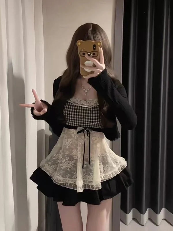 Sweet And Spicy Girl Pure Desire Three-Piece Set Lace Top Cardigan Cake Skirt Sexy Whole Set Summer Fashion Women's Ensemble