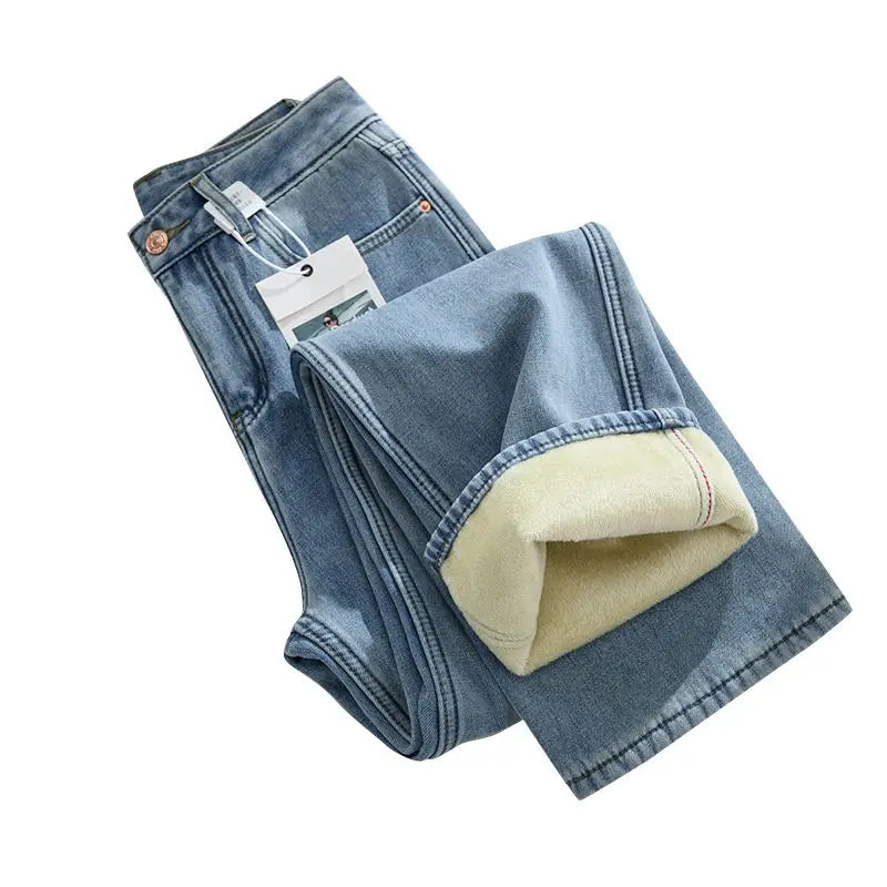 Winter Thicken Fleece High Waist Wide Leg Denim Jeans Straight Cut Floor Length Pants Autumn Korean Women's Thermal Trousers