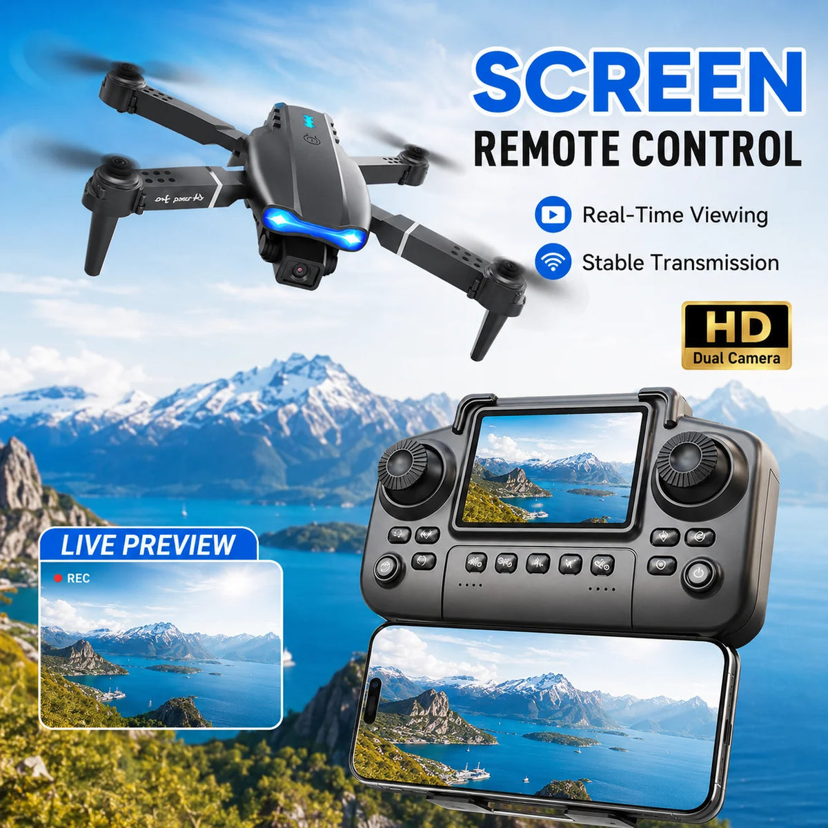 ZNLYRION RC Drone with Screen Remote Control 4K Dual Camera Optical Flow Positioning Obstacle Avoidance Foldable FPV WIFI APP Control One Key Return 360Â° Flip Quadcopter Toy for Beginners