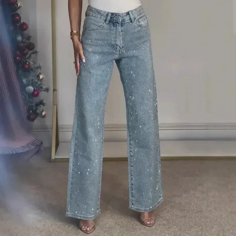 2025 Women Straight Diamonds Mom Jeans Stretch High Waist Washed Y2K Streetwear Vintage Denim Trousers For Daily Party Wear