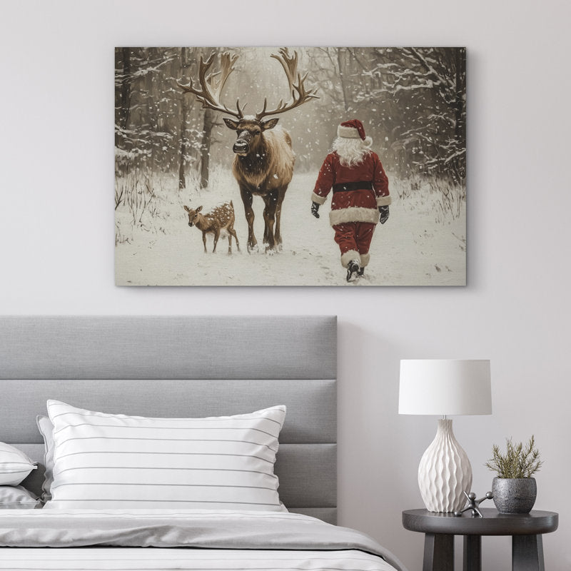Santa Claus And Reindeer In Forest Snowy Winter Cozy Christmas Holiday Framed Canvas Print Wall Art