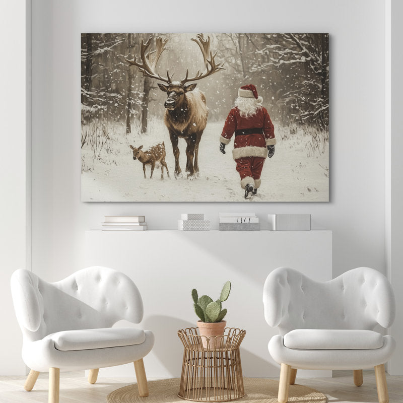 Santa Claus And Reindeer In Forest Snowy Winter Cozy Christmas Holiday Framed Canvas Print Wall Art