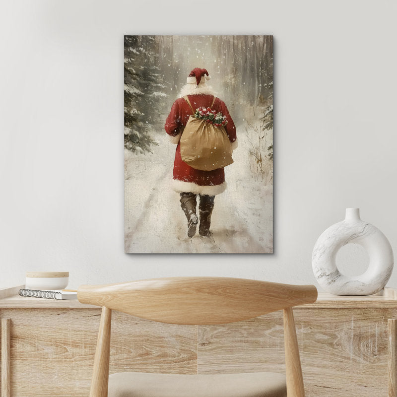 Santa Claus Walking in Winter Road Vintage Warm Cozy Christmas Holiday Framed Canvas Print Wall Art