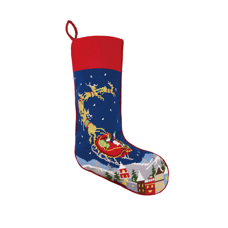 Santa and Reindeer Embroidered Needlepoint Stocking