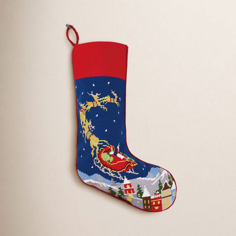 Santa and Reindeer Embroidered Needlepoint Stocking
