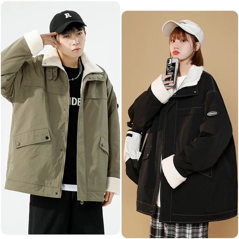 Coat Winter Coat Men Lamb Velvet Fleece Lined Thickened Loose Fit Women Cotton Jacket Warm Workwear Style Zipper Closure Lovers Coat