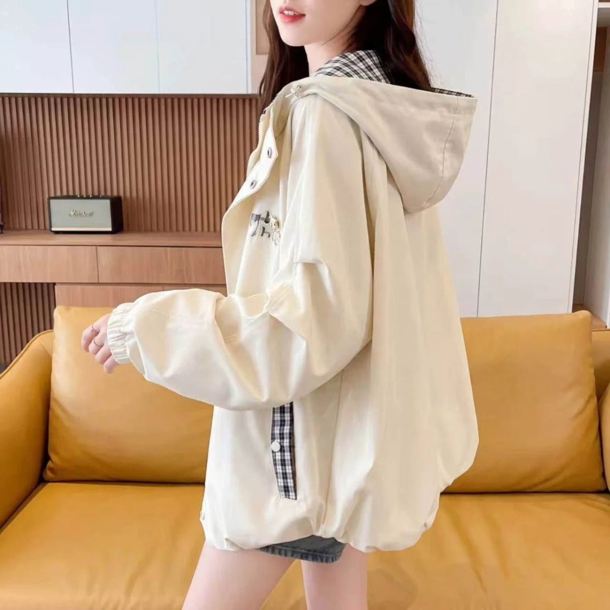 Korean Ladies Long Sleeves Casual Coat Spring Autumn Women Grid Patchwork Loose Top Outwear Female Fashion Hoodies Zipper Jacket