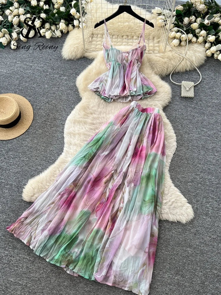 Sets SINGREINY Summer Holiday Lace Spliced Beach Suits Women Strap Pleated Top+A Line Long Skirts French Chiffon Bohe Two Pieces Sets