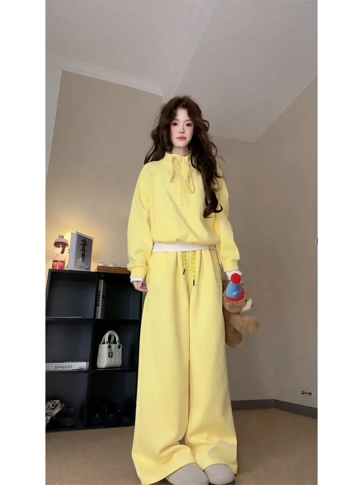 Korean Style Women's Fleece Lined Hoodie And Pants Set Casual Sporty High Collar Two Piece Suit for Autumn Winter Leisure