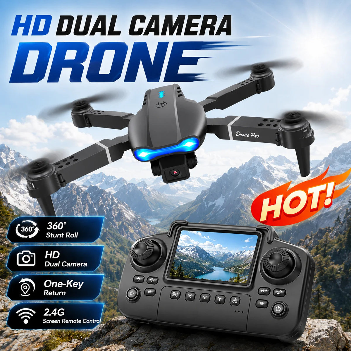 ZNLYRION RC Drone with Screen Remote Control 4K Dual Camera Optical Flow Positioning Obstacle Avoidance Foldable FPV WIFI APP Control One Key Return 360Â° Flip Quadcopter Toy for Beginners