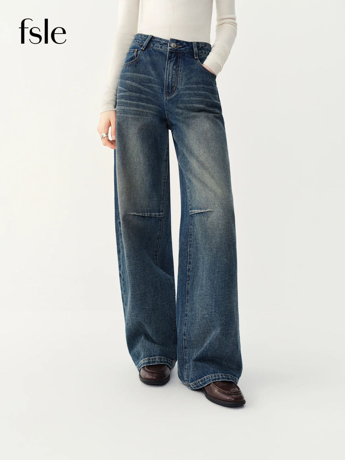 Jeans FSLE Women Vintage Washed Distressed High Waist Straight Wide Leg Jeans Leg Elongating Retro Denim Pants Casual Street Commute