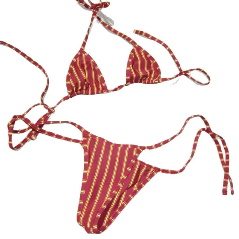 2026 Women's Bikini Swimsuit Stripe Hanging Neck Beach Vacation Swimwear Stylish Elegant Fashionable Summer Fun Poolside Look
