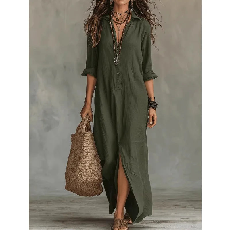 Women Lapel Collar Maxi Dress Half Button Rolled Sleeve Front Split Long Dress Woman Clothes Casual Loose Vacation Shirt Dress