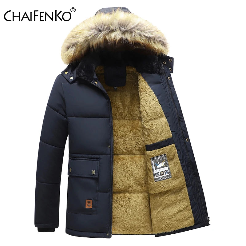 Men 2026 Winter New Windproof Fleece Warm Thick Jacket Parkas Coat Men Fashion Hooded Fur Collar Jacket Classic Casual Parka Men