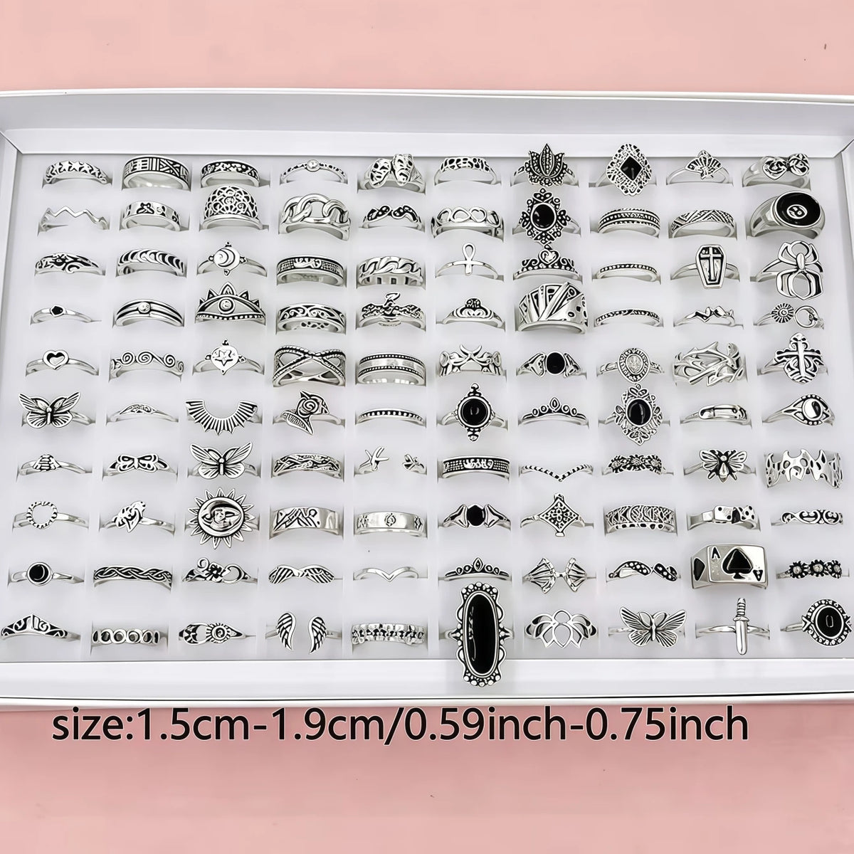 12/24/36/48/100Pieces Vintage Stone Hollow-Out Rings Set For Women Mix Style Retro Heart Butterfly Daily Jewelry Party Gifts