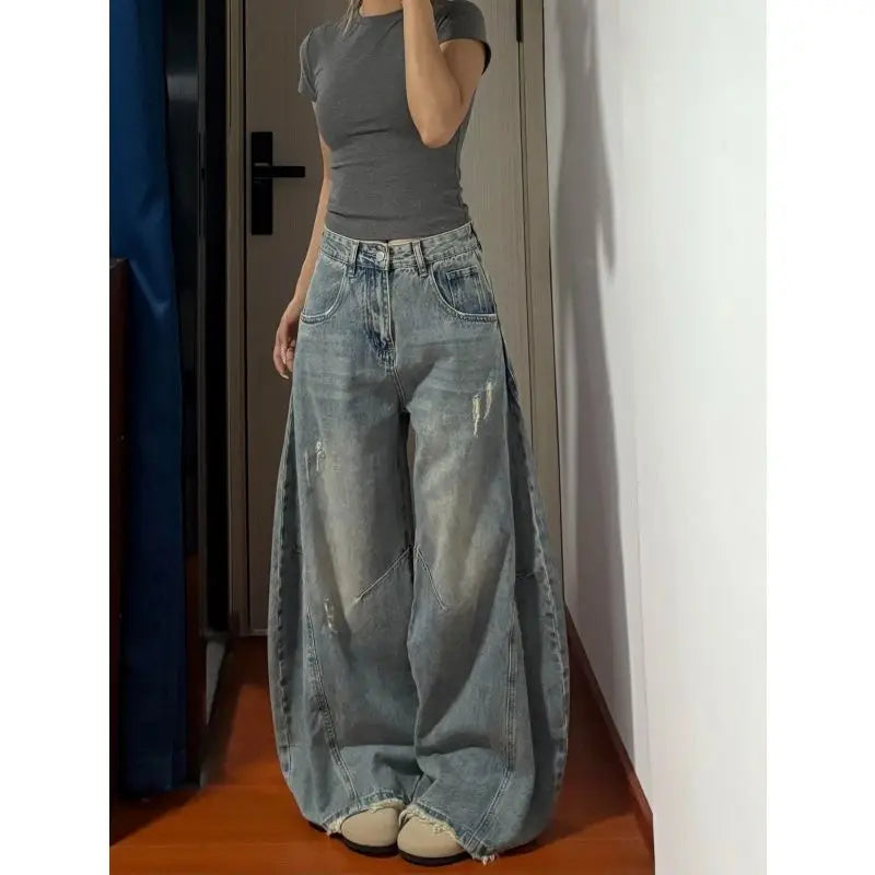 2026 Distressed Wide Leg Denim Jeans Women's High Waist Straight Cut Comfortable Casual Stylish Torn Hole Design
