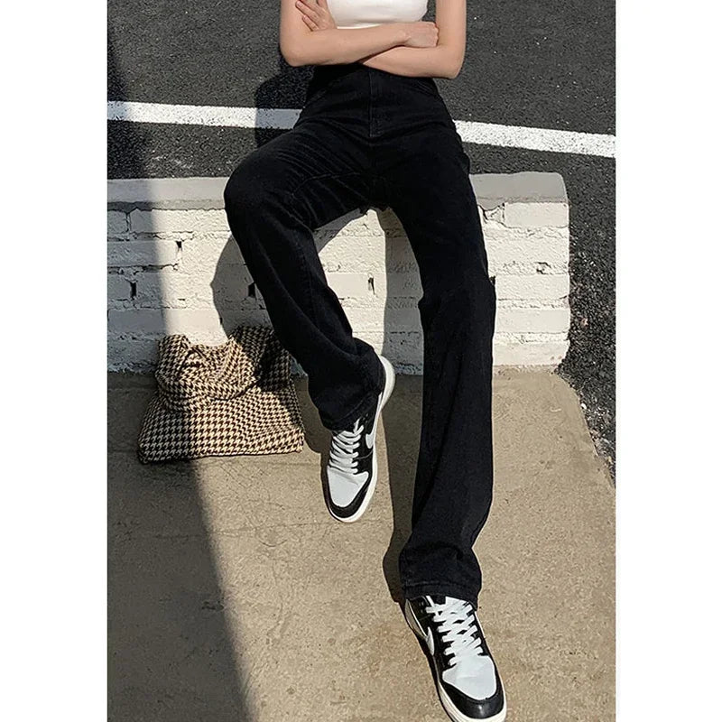 Woman Korean High Waist Streetwear Straight Leg Jeans Girls Y2k Clothes Pants Female Fashion Black Baggy Harajuku Denim Trousers