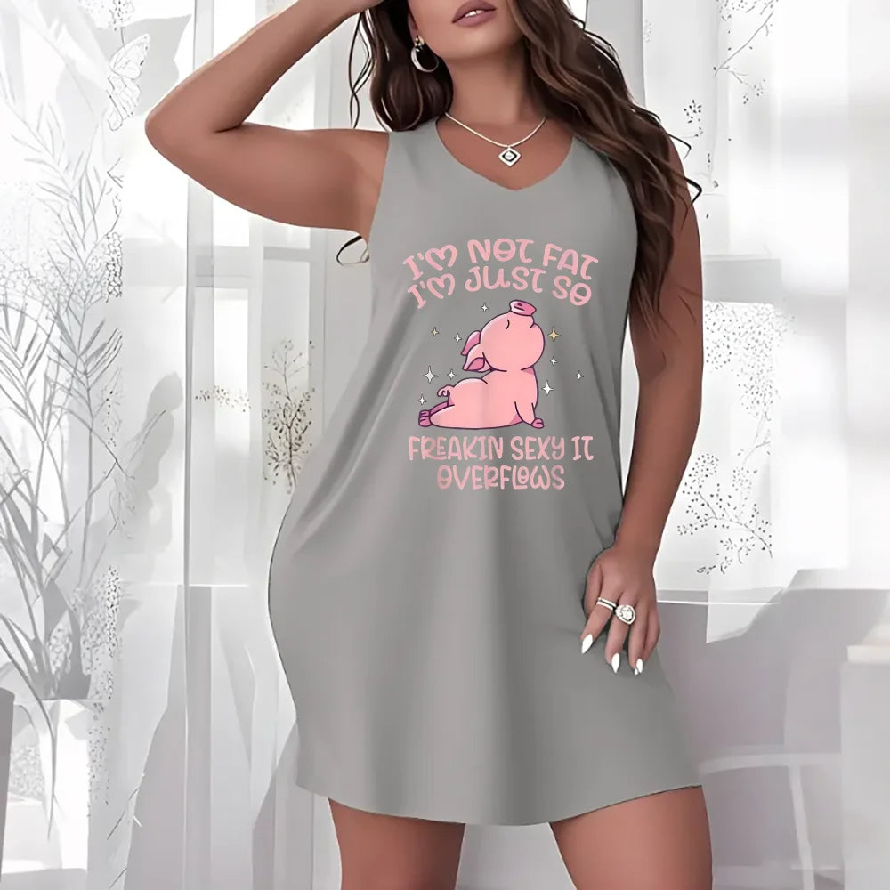 Casual Dress Women Plus Size Sleeveless Crew Neck Tank Dress Cute Cartoon Pig Funny Quote Print Loose Fit Casual Daily Short Lounge Dress