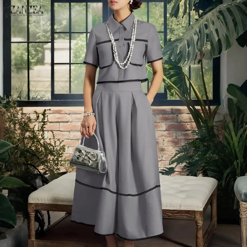 2026 Summer Outfits ZANZEA Women Patchwork 2 Pieces Sets Elegant Lapel Neck Short Sleeve Shirt A Line Dress Suit Matching Sets