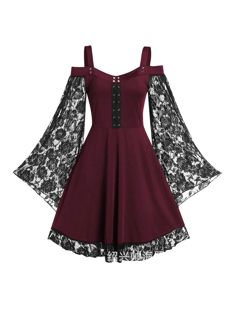 Dress Gothic Lace 2022 Gothic One-shoulder Lace Stitching Flared Sleeve Dress Literary Vintage Autumn Grunge Black A-line Dress Punk Partywear
