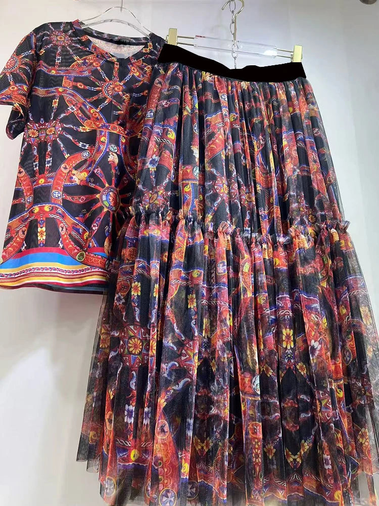Set 2026 Summer Women's Clothing Retro Geometric Print Knitted T-shirt Two-piece Set + Shirring Loose Mesh Skirt Fashion Suit