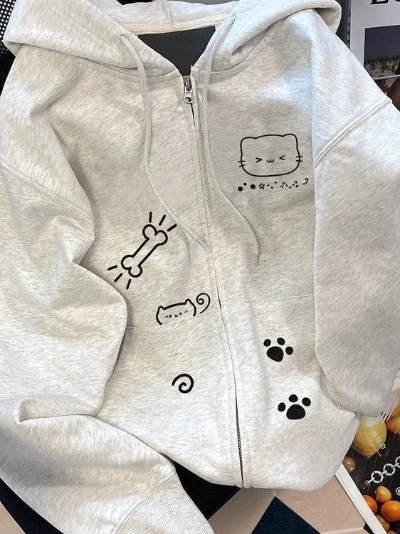Cute Print Hoodie Women's Grey Zipper Open Cardigan Casual Versatile Anti-Aging Jacket Autumn Winter Fleece Lined Loose Fit