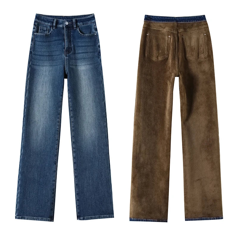 Women's Winter Fleece Jeans Thicken Warm Soft Loose Straight Korean Denim Pants Female Fashion Plush Velvet Wide Leg Pants