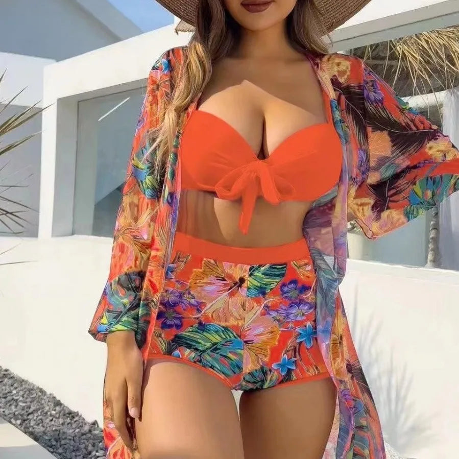Vigorashely 2026 Print Push Up 3 Piece Bikini Set Women Long Sleeve Cover Up Swimsuit Female High Waist Separeted Bathing Suit