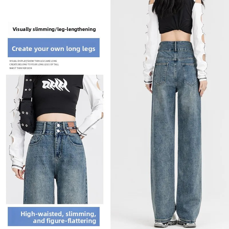 Slim Wide Leg Denim Jeans High Waist Double Bule Straight Cut Pants for Women Bla ey Autumn Arrival Faionable Wea...