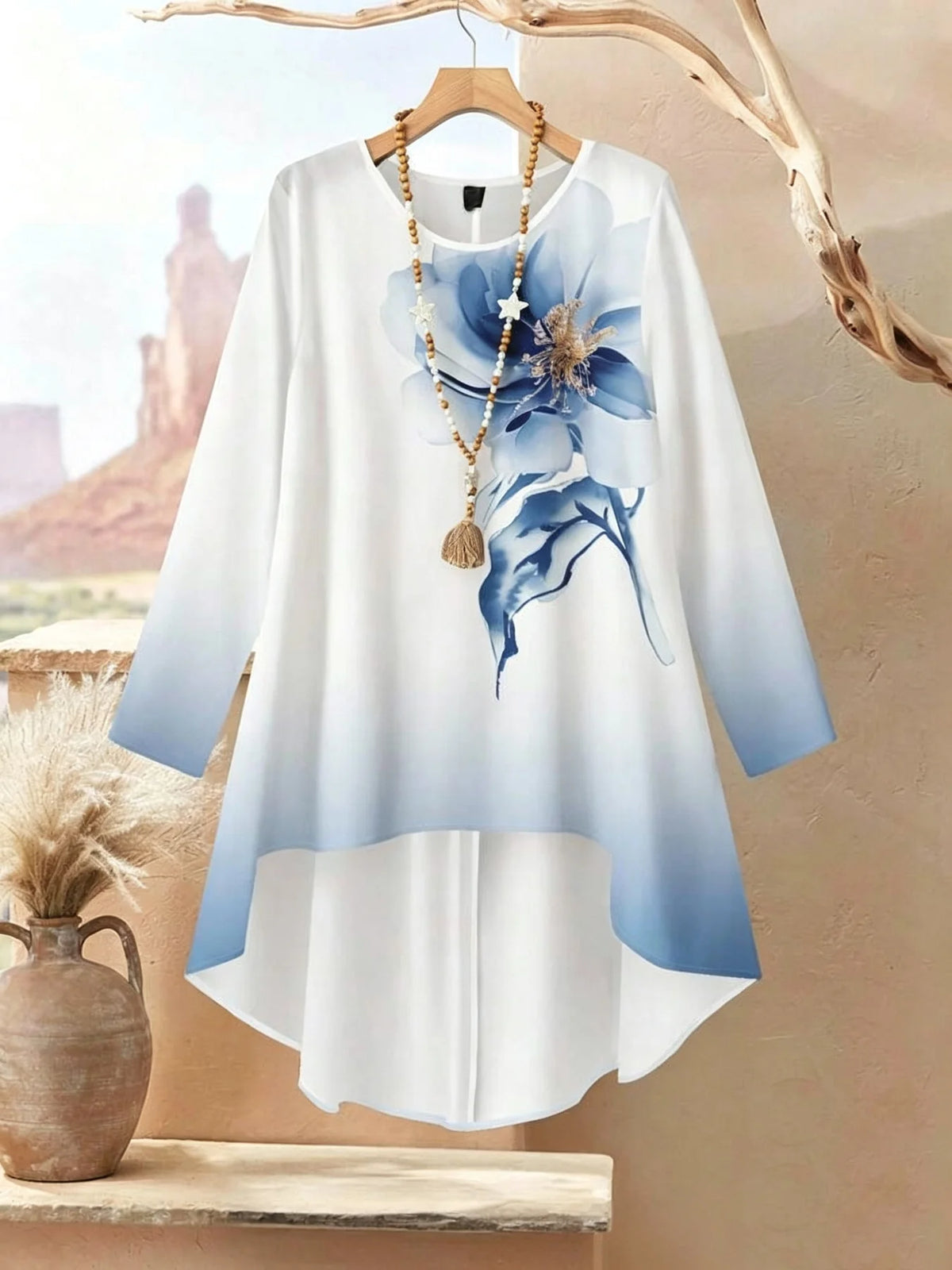 Women's Casual Comfortable Round Neck Printed Long Sleeve Top Elastic Waist Solid Color Pants Set Suit