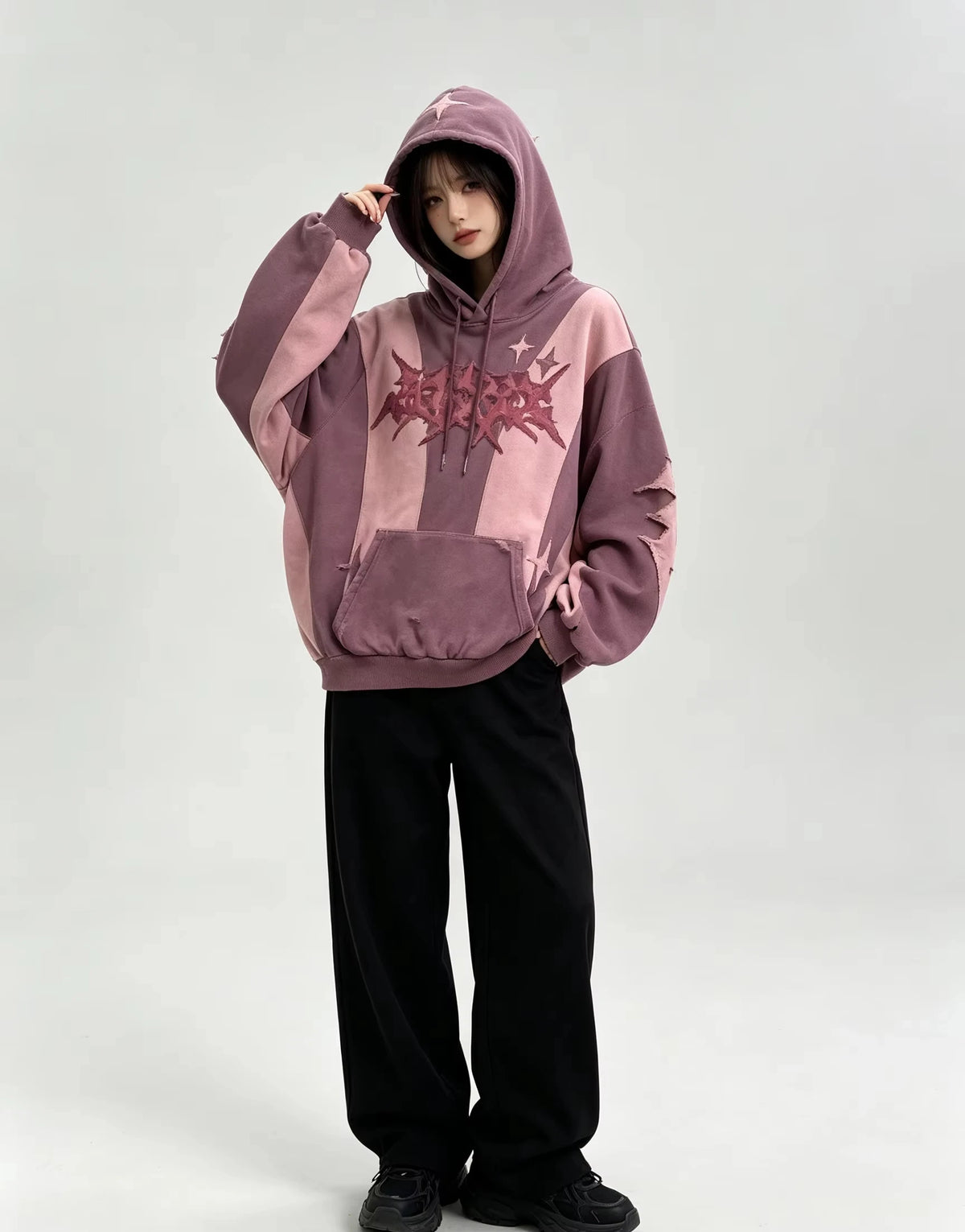 Y2K Gothic Oversized Hoodie Star Patch Embroidery Color Contrast Spliced Sweatshirt Hip Hop Streetwear Loose Pullover For Men Wo