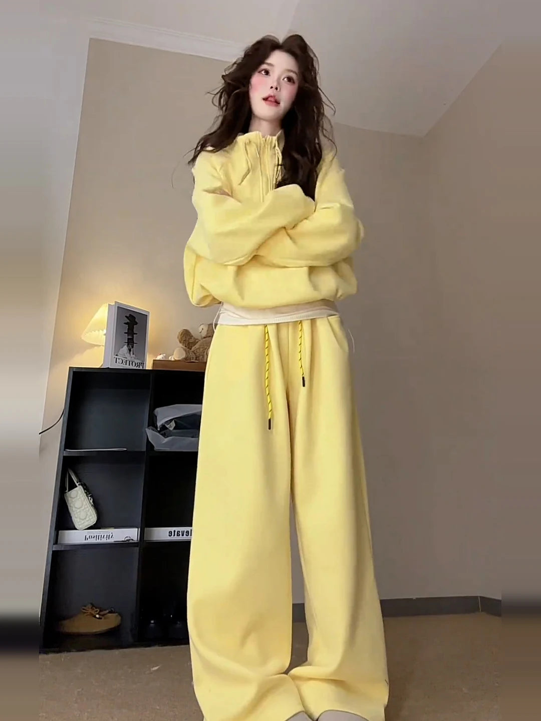 Korean Style Women's Fleece Lined Hoodie And Pants Set Casual Sporty High Collar Two Piece Suit for Autumn Winter Leisure