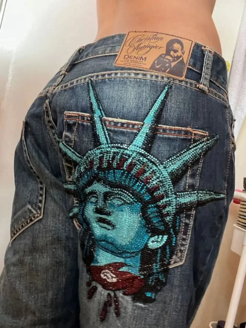 Jeans Women Casual High Waist Straight Wide Leg Jeans Y2k Statue of Liberty Diamonds Denim Pants Harajuku Vintage Women Clothing