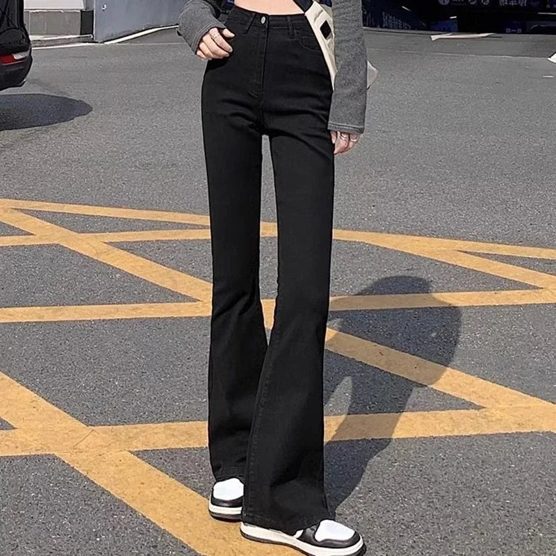 Woman American High Waist Slim Fit Bell Bottom Jeans Female Fashion Y2k Flare Pants Girls Elastic Designer Black Denim Trousers