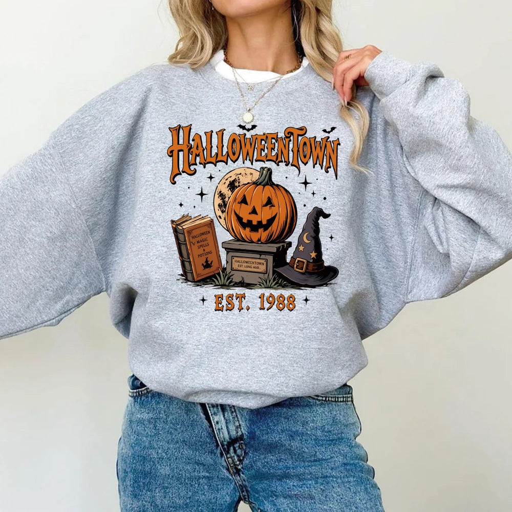 Vintage Halloween Town Est 1988 Sweatshirt Fall Pumpki Shirt Spooky Season Hoodie Winter Clothes Women Long Sleeve Sweatshirts