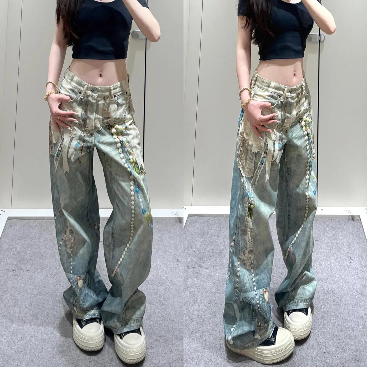 Y2k Jeans Baggy Fashion Product 3D Printed Lace Pearl Chain Straight Tube Women Pants High Waisted Jeans Pants for Woman