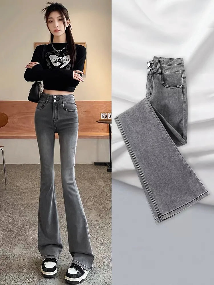 Jeans High Waist Slim Fit Micro Flared Denim Jeans Women's Spring Elastic Double Buttoned Wide Leg Pants Casual Pure Color Jeans