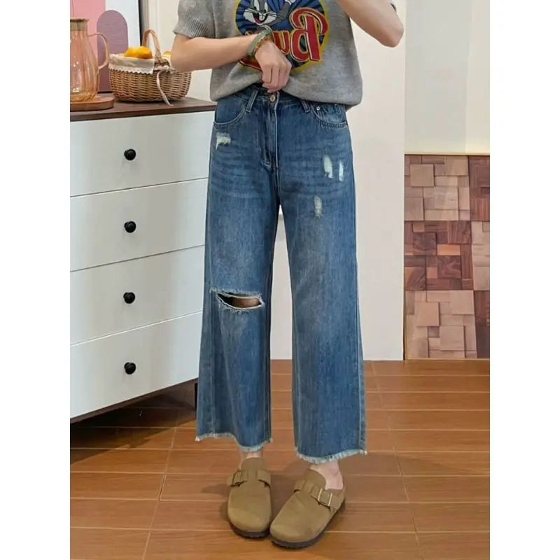 High Waist Blue Ripped Nine-Tenths Jeans Women's Summer Thin Loose Plus Size Straight Leg Wide Leg Pants Casual Slimming