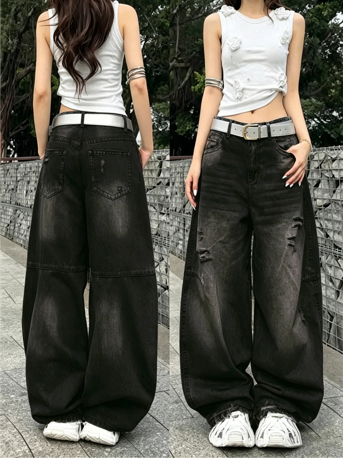 Jeans American Vintage Ripped Patchwork Washed Black Baggy Wide-Leg Jeans Y2K Street Trend Versatile Spicy High-Waist Long Pants