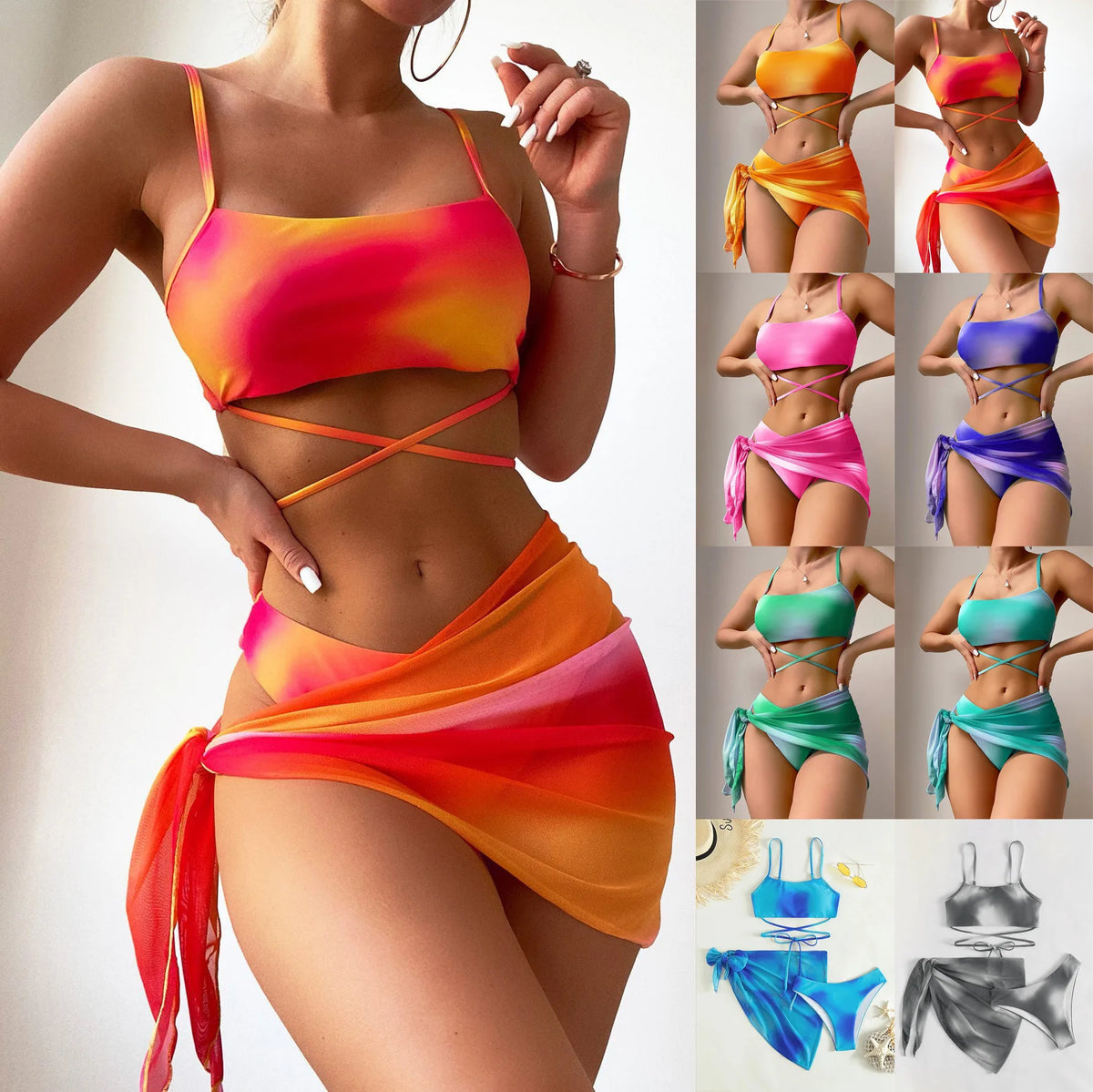 Tie Dye Bikini Swimsuit Women's Three Piece Set Mesh Skirt Split Body Suspender Fashionable Swimsuit Padded Bikini Set Swimwear