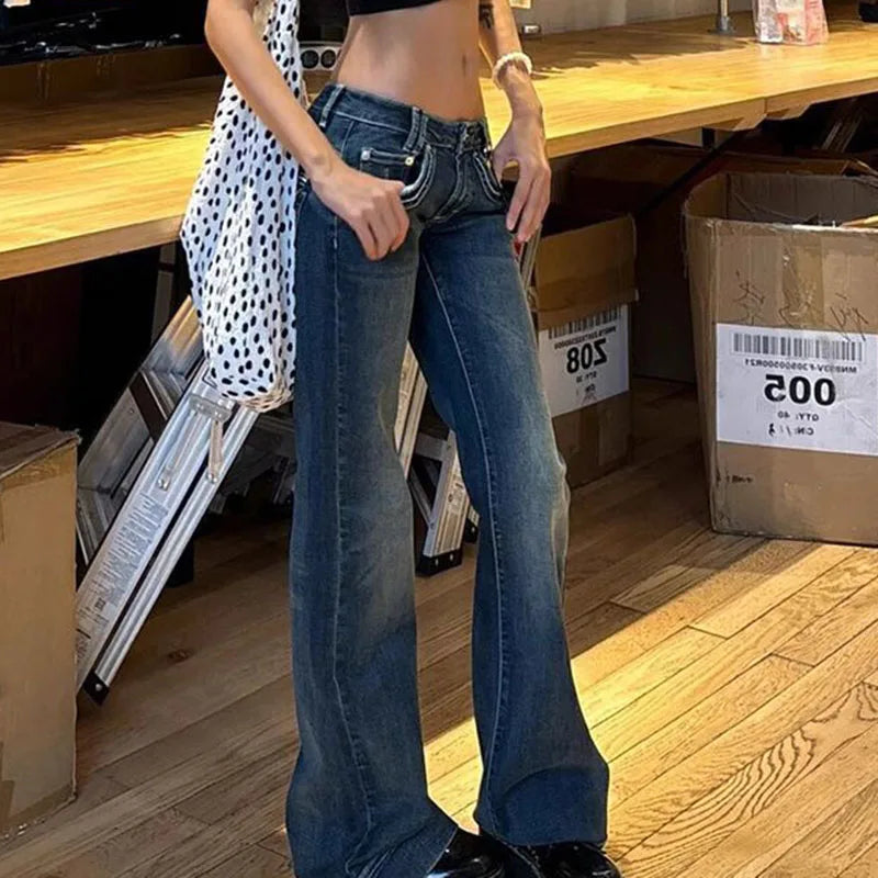 Women's Vintage High Street Low-Waisted Jeans 2025 All-Match Wide Leg Y2K Denim Trousers Female Sexy Slim Fit Flares Pants