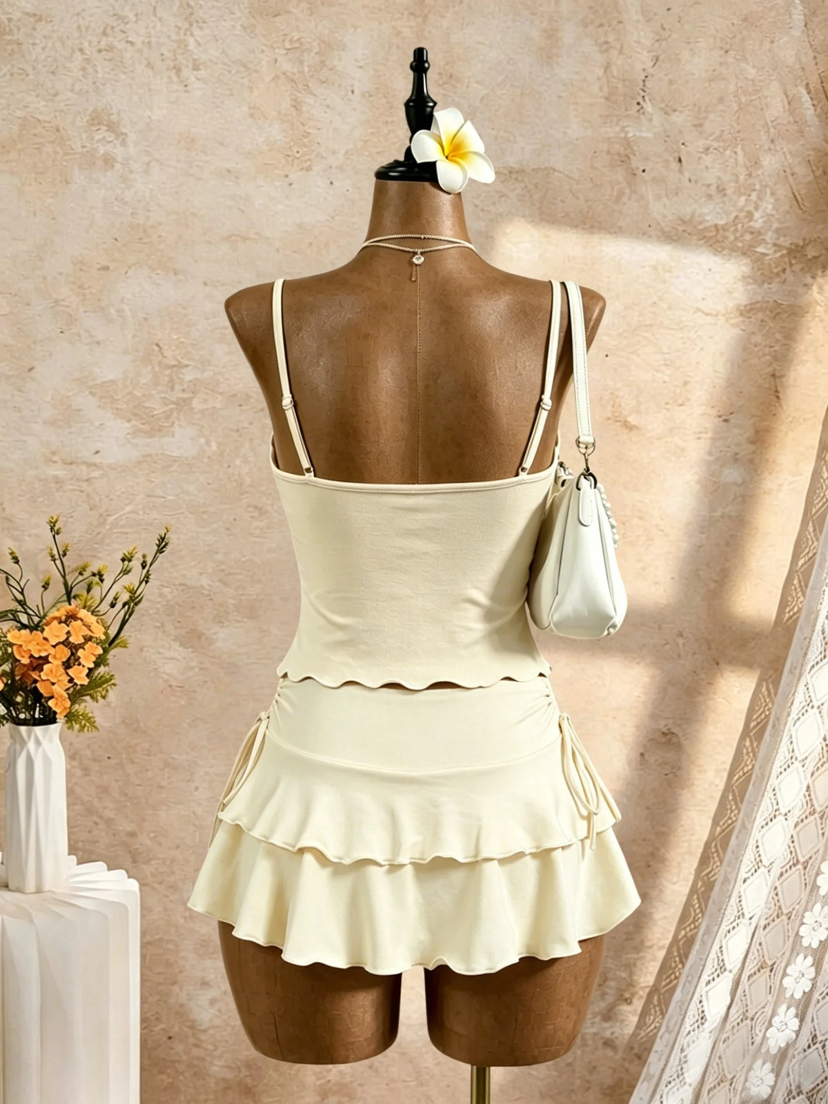 Women Twist Front Cut Out Cami Top & High Waist Ruched Mini Skirt 2 Piece Outfit Set 2026 Summer Y2K Solid Beige Sleeveless Vaca