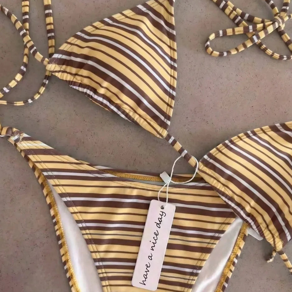 2 Piece Polka Dot Bikini Women Thong Lace-up Print Bathing Suits Halter String Triangle Bikini High Cut Swimsuits Swim Holiday