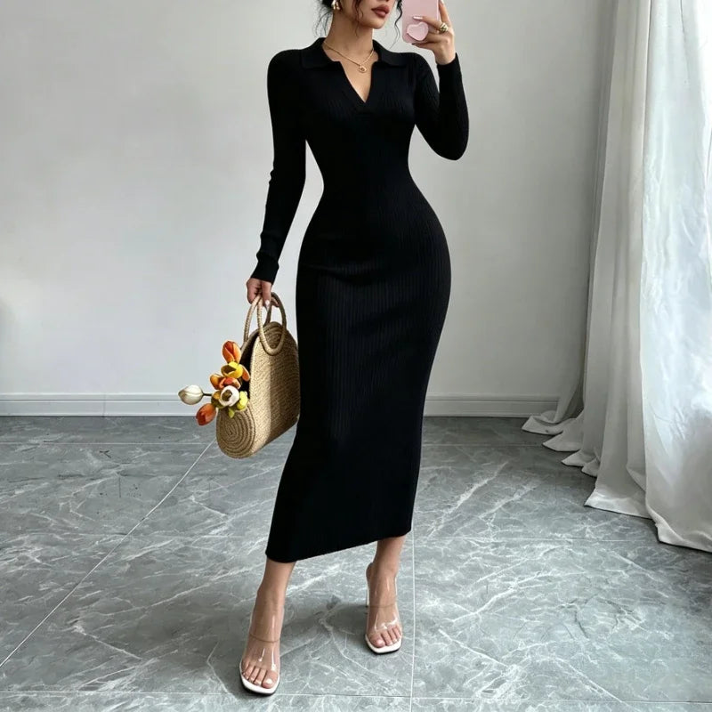 Women Knit Maxi Dress Lapel V Neck Long Sleeve Elastic Bodycon Sweater Dress Elegant Slim Fit Pencil Long Dress Party Outfit