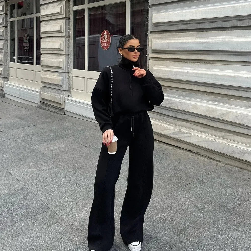 Women Half Placket Pullover Sweatshirt Pants Two Piece Set Autumn Winter Loose Casual Matching Outfit Ladies